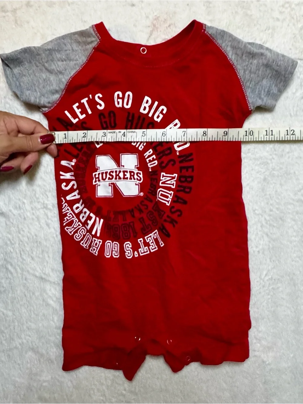 University of Nebraska Huskers Red & Gray 12 month Baby Romper with bottom snaps